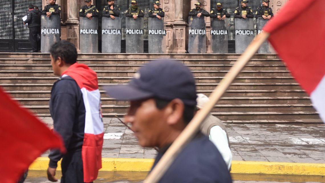 Indigenous protesters march calling the resignation of Peruvian President Dina Boluarte through the main road of Cusco, Peru on February 1, 2023.