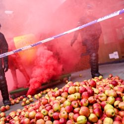 Policías observan manzanas tiradas por productores de fruta enfadados durante una acción para exigir precios más altos para sus productos, frente a la sede de la organización comercial Comeos en Bruselas. | Foto:LAURIE DIEFFEMBACQ / BELGA / AFP