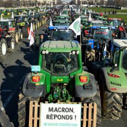 Esta fotografía muestra un cartel en el que se lee "Macron, ¡responde!" mientras los agricultores permanecen junto a tractores en las Explanadas de los Inválidos durante una manifestación organizada por sindicatos, entre ellos la FNSEA (Federación Nacional de Sindicatos de Agricultores), contra las "obligaciones" en la agricultura, en particular las restricciones en el uso de pesticidas, en París. | Foto:BERTRAND GUAY / AFP