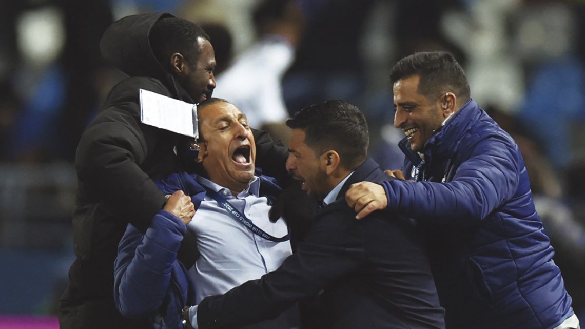 Al-Hilal's Argentine coach Ramón Díaz celebrates his team's third goal during the FIFA Club World Cup semi-final football match against Flamengo at the Ibn Batouta Stadium in Tangier on February 7, 2023.