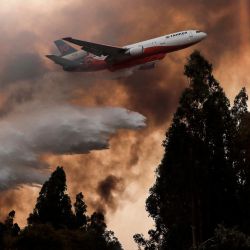 Un avión de bomberos 10 Tanker DC-10 lanza agua sobre un incendio forestal en Ninhue, Región de Ñuble, en Chile. - Los incendios forestales han arrasado durante más de una semana en el centro-sur de Chile, dejando al menos 24 muertos. | Foto:JAVIER TORRES / AFP