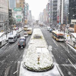 Vista general de una calle de Hachioji, situada en la parte occidental de la gran metrópolis de Tokio, mientras nieva en la capital de Japón. | Foto:Philip Fong / AFP