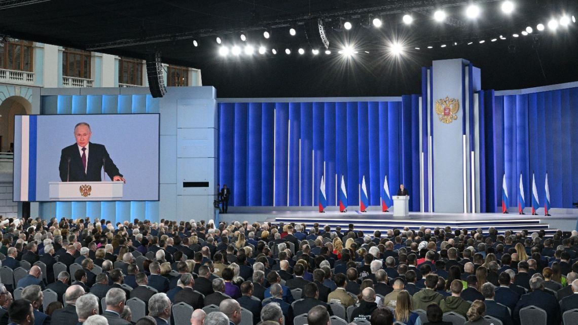Russian President Vladimir Putin delivers his annual state of the nation address at the Gostiny Dvor conference centre in central Moscow on February 21, 2023. 