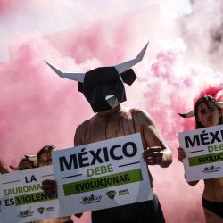 Activistas participan en un performance para manifestarse a favor de los derechos de los animales, en la Ciudad de México, capital de México. | Foto:Xinhua/Francisco Cañedo