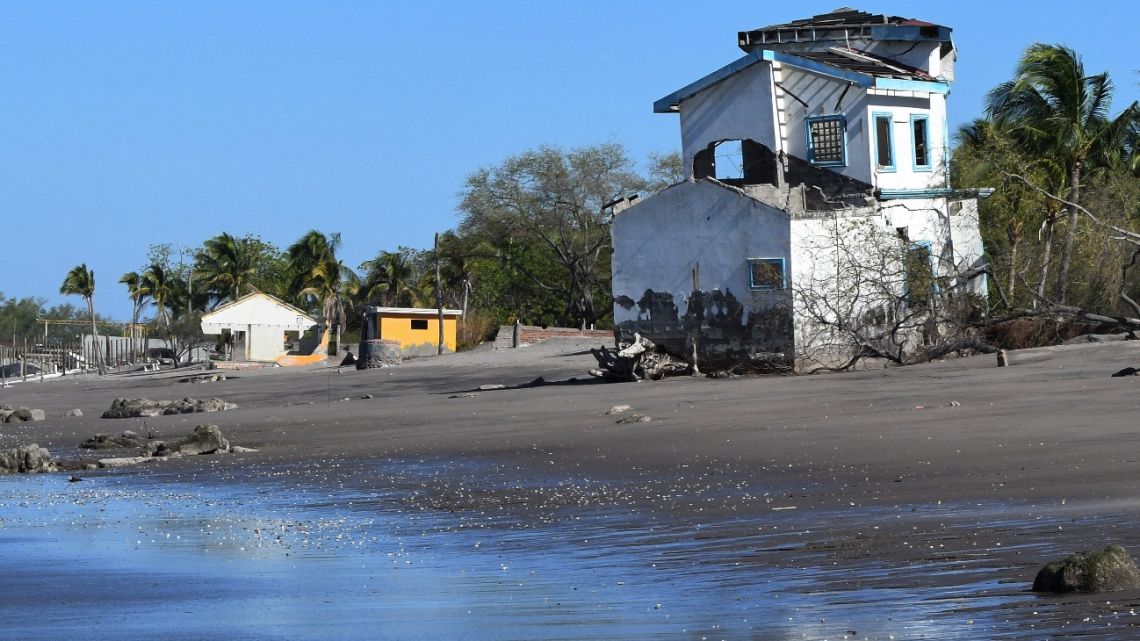 Beach houses destroyed by sea-level rise in Cedeño, municipality of Marcovia, Choluteca Department, in the Gulf of Fonseca in the Pacific southern coast of Honduras, taken on February 20, 2023.