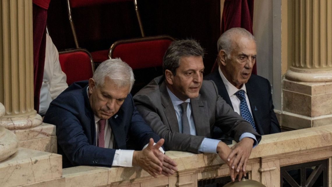 Economy Minister Sergio Massa (centre) watches as Alberto Fernández, Argentina’s president, delivers a state of the union address at the National Congress building in Buenos Aires, on Wednesday, March 1, 2023.