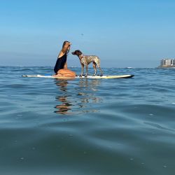 Imagen de una turista paseando con un perro sobre una tabla de paddle en el mar de la playa de San Bartolo, en el sur de Lima, Perú. Perú. | Foto:Xinhua/Mariana Bazo