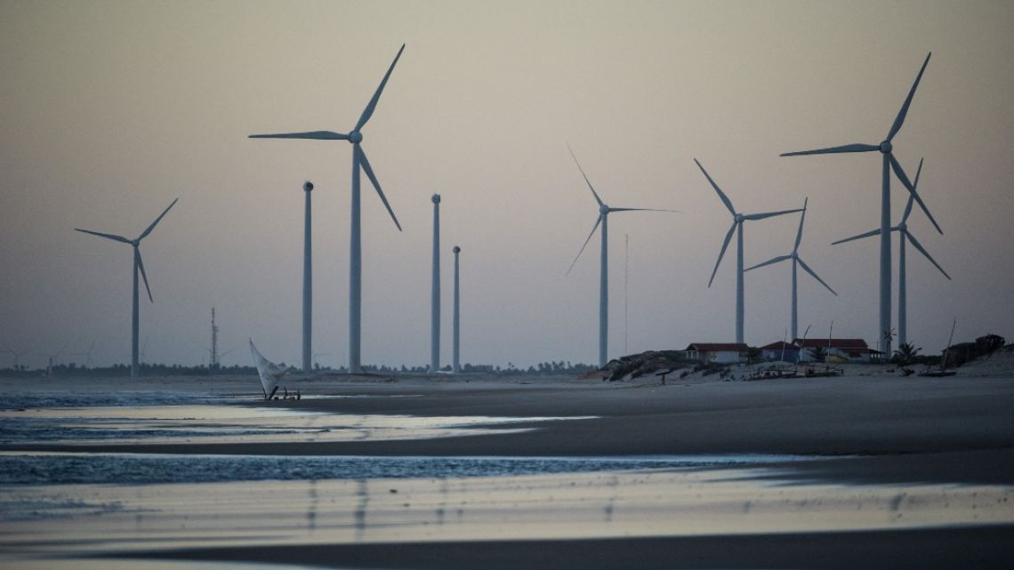 Wind turbines along the coast at Prainha do Canto Verde, near Aracati, some 120 km southeast of Fortareza, in the Brazilian state of Ceara. 