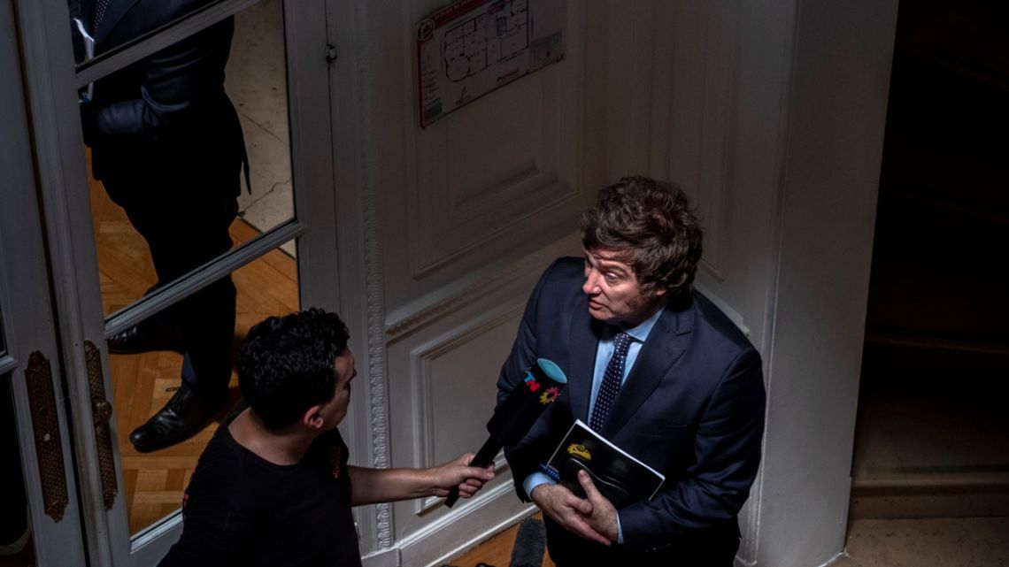 Javier Milei conducts an interview with the TN news channel at La Libertad Avanza's offices in Buenos Aires.