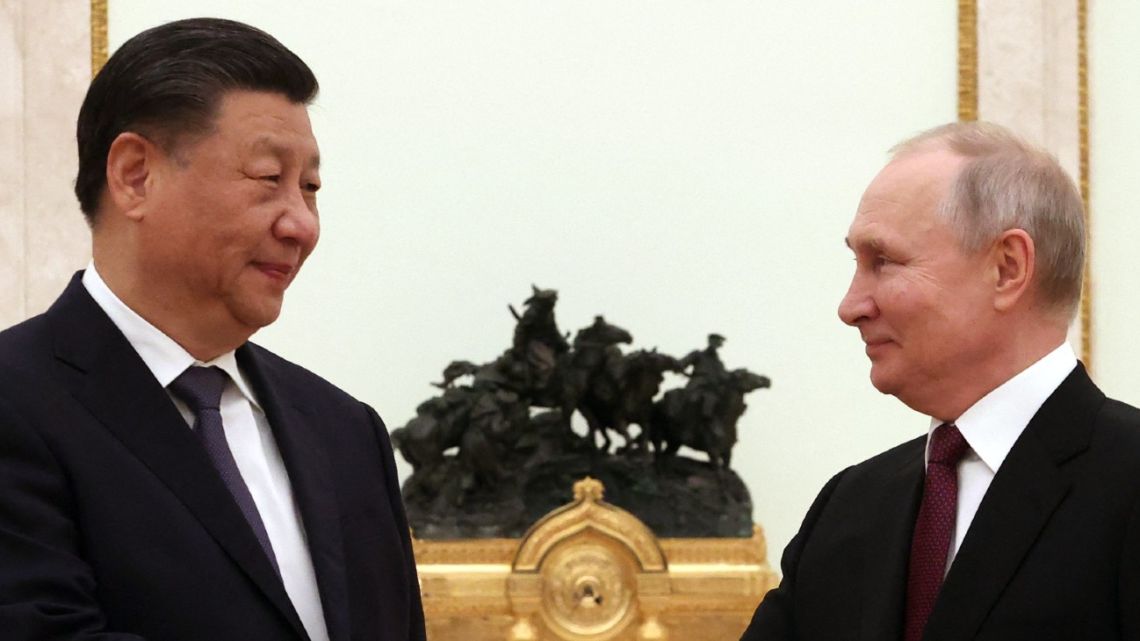 Russian President Vladimir Putin meets with China's President Xi Jinping at the Kremlin in Moscow on March 20, 2023. 