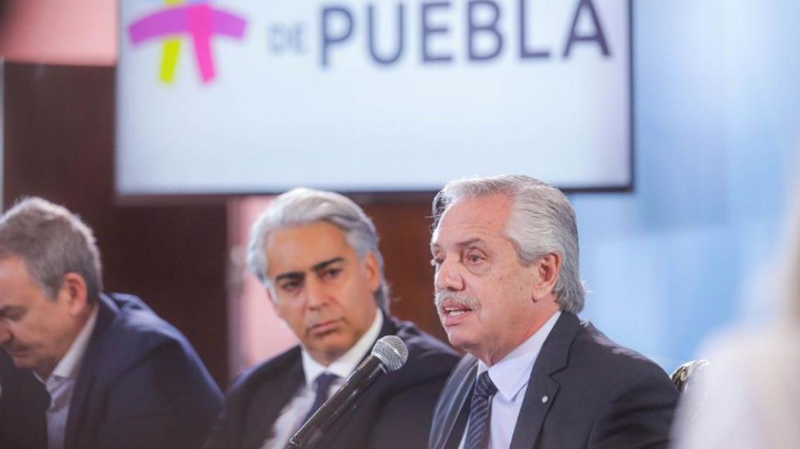 President Alberto Fernández speaks at a meeting of the Grupo Puebla organisation in Buenos Aires in March 2023.