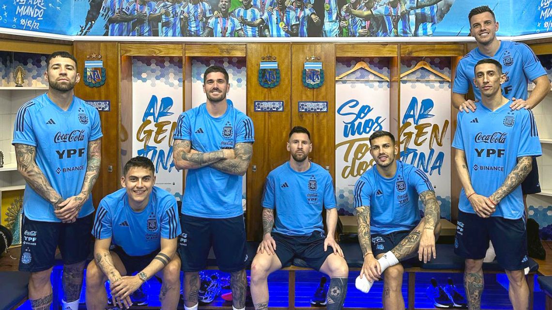 A handful of Argentina's World Cup-winning squad pose for a photograph at AFA's Ezeiza training complex.