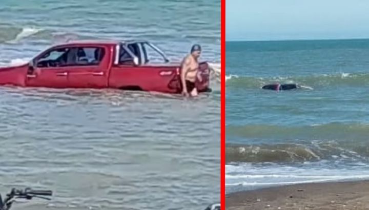 Subió el nivel del agua y una Toyota Hilux quedó en el medio del mar