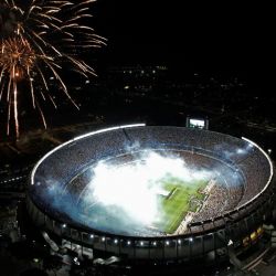 Aerial view of fireworks exploding before the start of the friendly football match between Argentina and Panama, at the Monumental stadium in Buenos Aires, on March 23, 2023. 