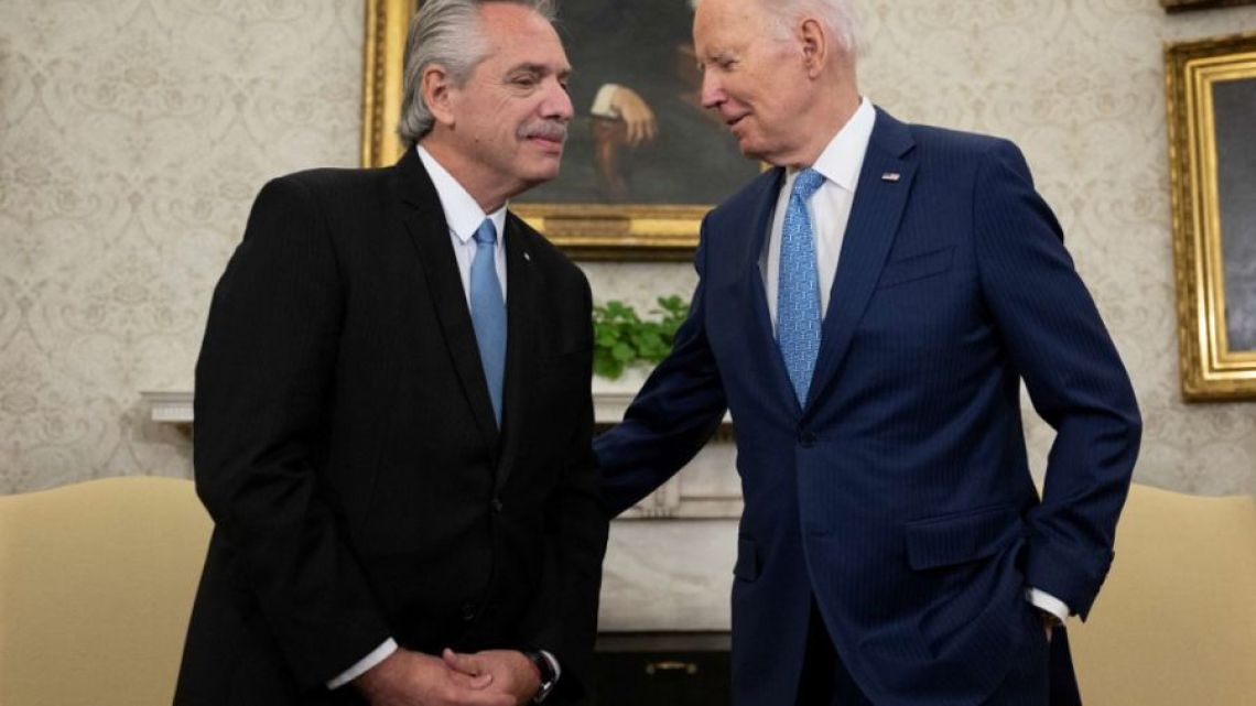 President Alberto Fernández meets with US President Joe Biden at the White House on March 29, 2023.
