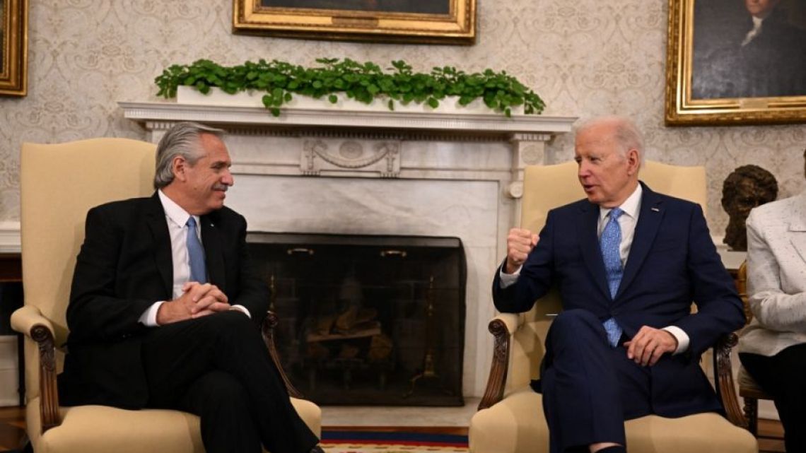 President Alberto Fernández meets with US President Joe Biden at the White House on March 29, 2023.