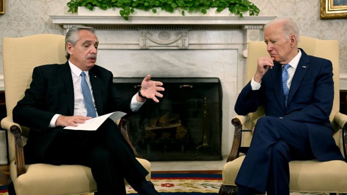 President Alberto Fernández meets with US President Joe Biden at the White House on March 29, 2023.