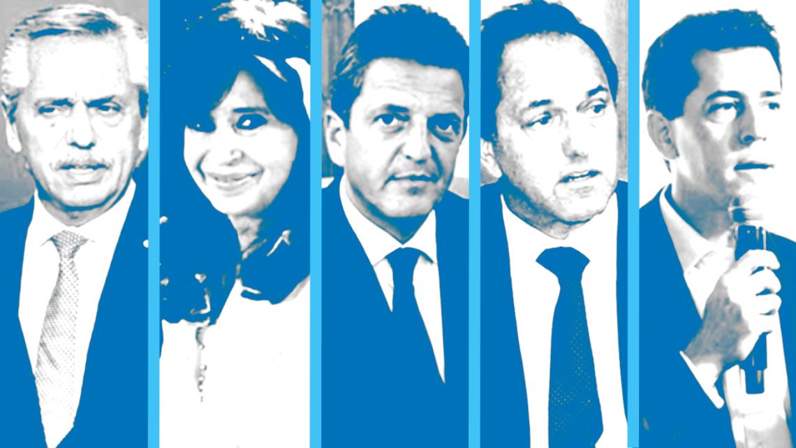 Leaders of the Frente de Todos coalition: Alberto Fernández, Cristina Fernández de Kirchner, Sergio Massa, Daniel Scioli, Eduardo 'Wado' de Pedro.