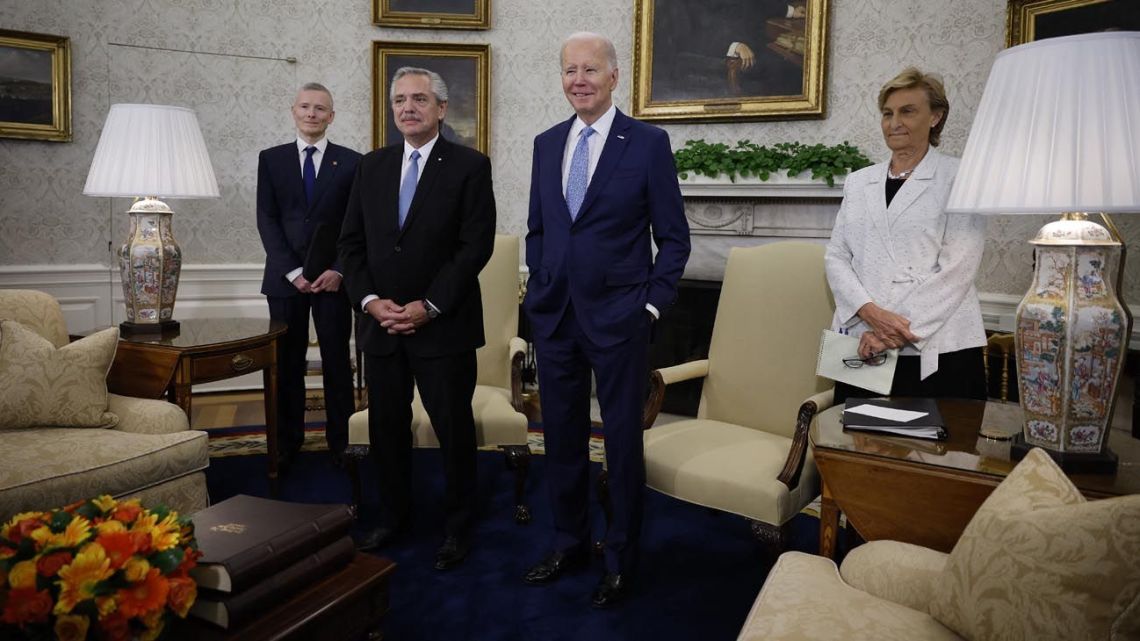 President Alberto Fernández meets with US President Joe Biden at the White House on March 29, 2023.