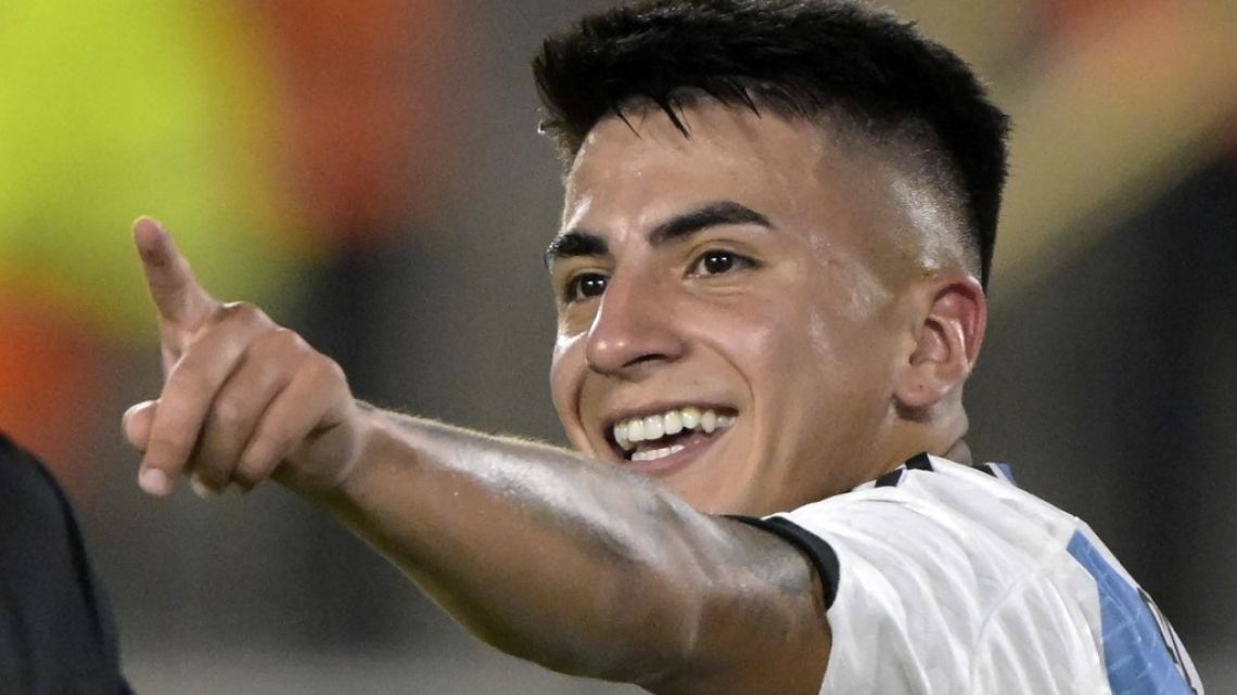 Argentina's midfielder Thiago Almada, the only MLS member to win a World Cup, celebrates after scoring a goal during the friendly football match between Argentina and Panama .