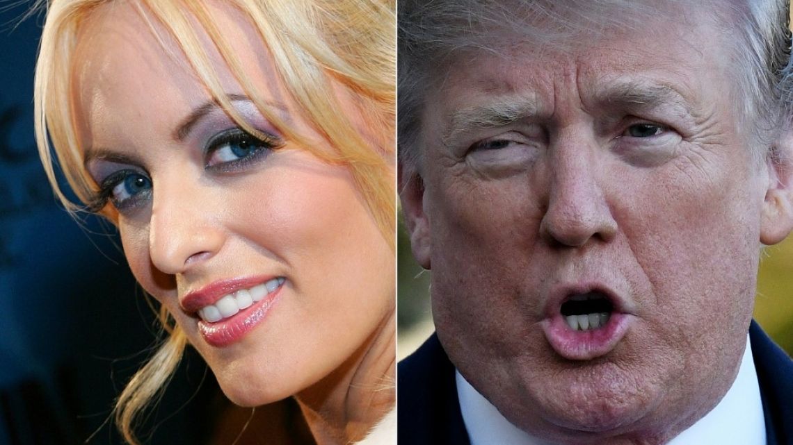 Adult film actress Stormy Daniels in Las Vegas, Nevada, and President Donald Trump as he departs the White House in Washington, DC on March 10, 2018.
