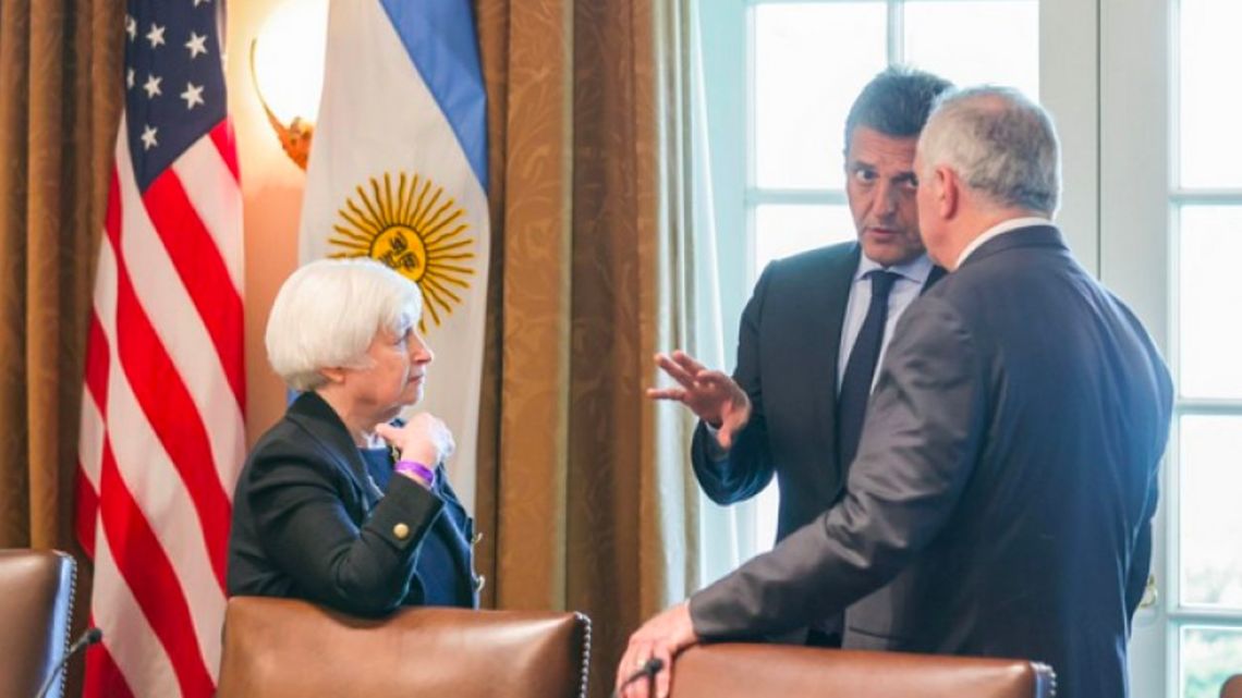 US Treasury Secretary Janet Yellen, Economy Minister Sergio Massa and US Ambassador to Argentina Marc Stanley, pictured during President Alberto Fernández's visit to the White House for a bilateral meeting with US President Joe Biden.