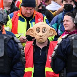 Un manifestante con una máscara de Dobby, el personaje de la casa-elfo de Harry Potter, frente a gendarmes franceses durante una manifestación contra la visita del presidente francés en Savines-le-Lac, Alpes franceses, para presentar el plan del agua. | Foto:NICOLAS TUCAT / AFP