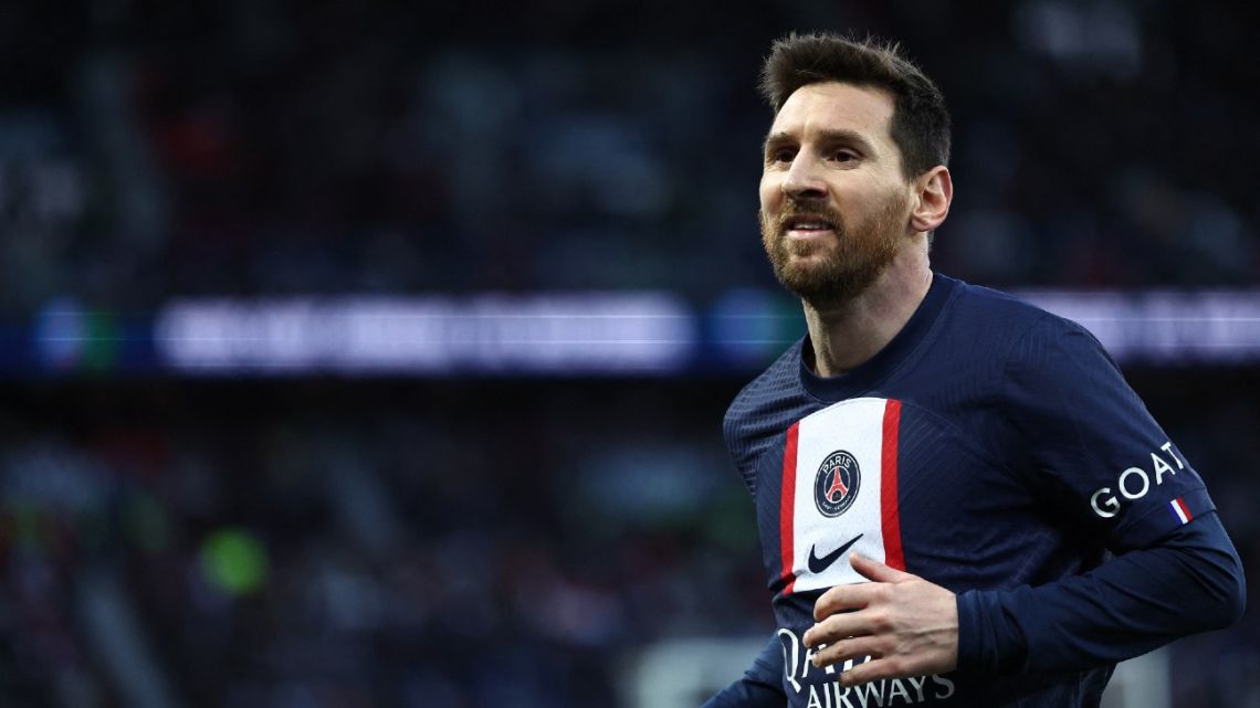 In this file photo taken on March 19, 2023 Paris Saint-Germain's Argentine forward Lionel Messi reacts during the French L1 football match between Paris Saint-Germain (PSG) and Stade Rennais FC at The Parc des Princes Stadium in Paris.
