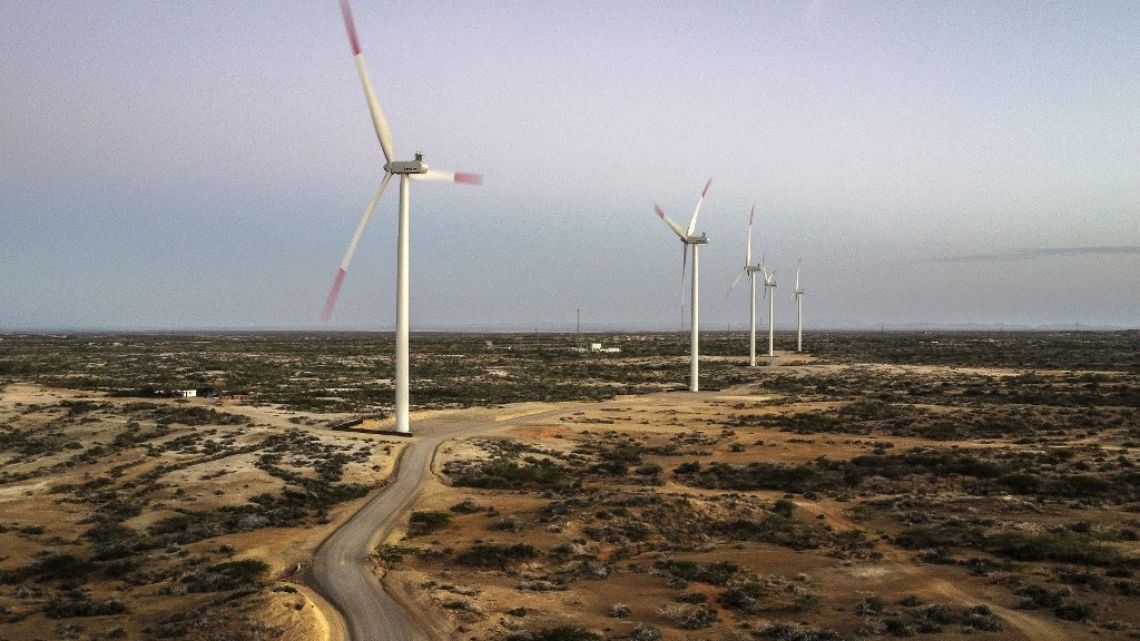 Windmills are seen at the Guajira 1 Eolic energy project near the Cabo de la Vela in Uribia, department of La Guajira, Colombia on February 22, 2023.