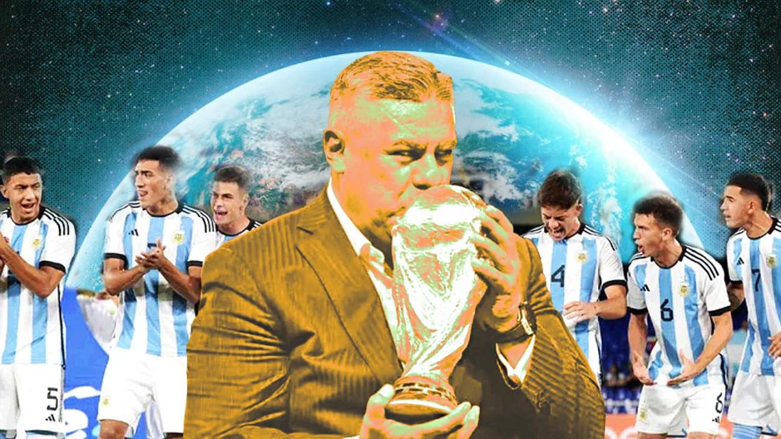 Artwork depicting president of the Argentine Football Association (AFA) and national team after World Cup win. 