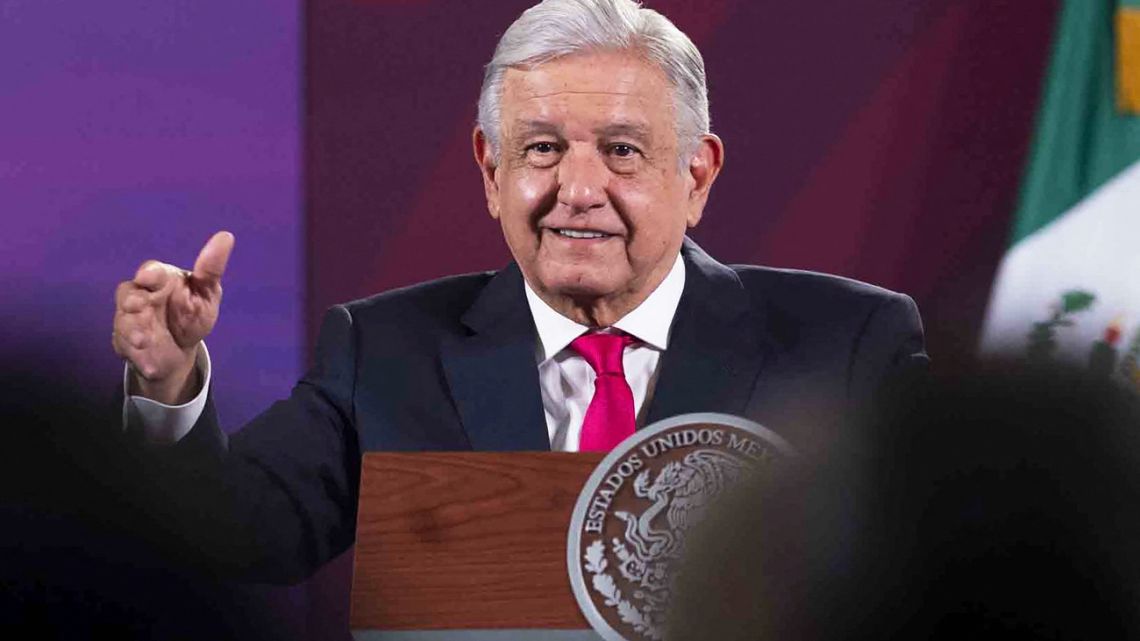 This picture released by the Mexican Presidency shows Mexico's President Andres Manuel Lopez Obrador speaking during a press conference in Mexico City.