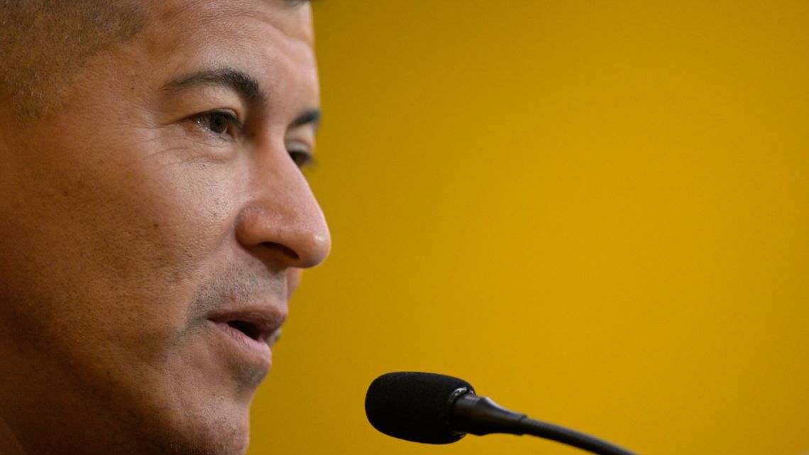 Boca Juniors' new coach Jorge Almirón speaks to the press during his presentation at the press room of La Bombonera stadium in Buenos Aires, on April 10, 2023. 