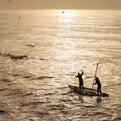 Pescadores palestinos en el mar al atardecer en la ciudad de Gaza. | Foto:MOHAMMED ABED / AFP