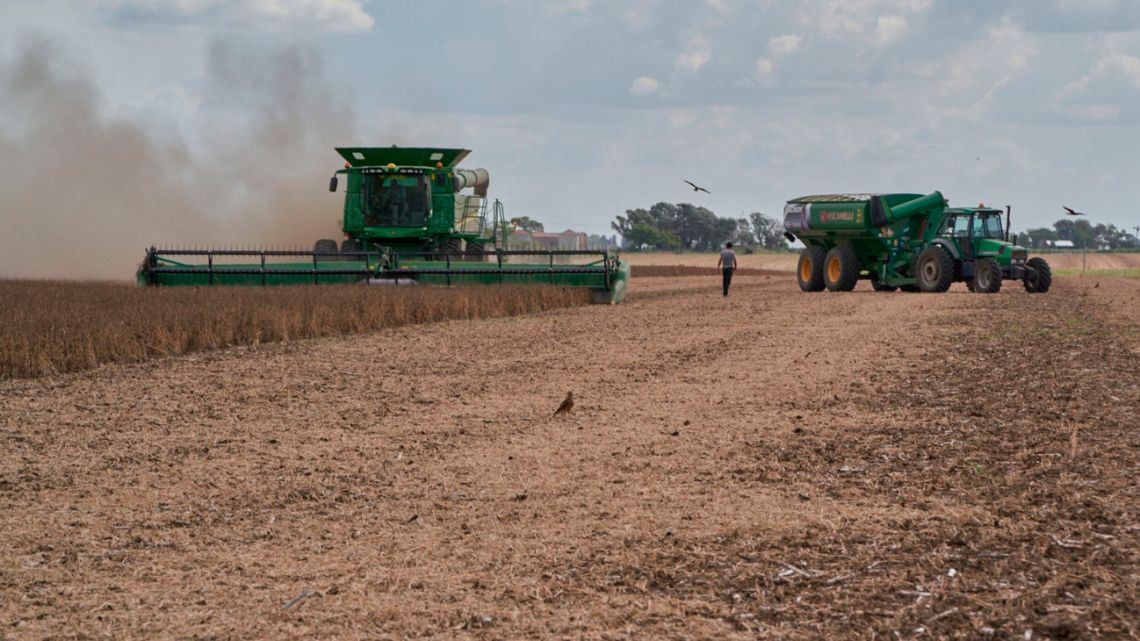 A combine harvester cuts through a field of soybean plants at a drought-affected farm in San José de la Esquina, Argentina, on April 6.