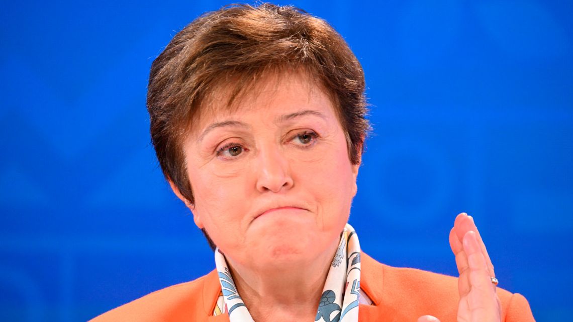 International Monetary Fund Managing Director, Kristalina Georgieva, speaks at a press briefing on the global policy agenda at the Meridian House in Washington, DC, during the International Monetary Fund (IMF) and World Bank Spring Meetings, on April 13, 2023. 