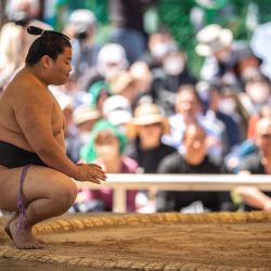 Un luchador de sumo compite durante el "gran torneo votivo de sumo", una exhibición ceremonial de sumo, en los terrenos del santuario de Yasukuni, en Tokio. | Foto:Philip Fong / AFP