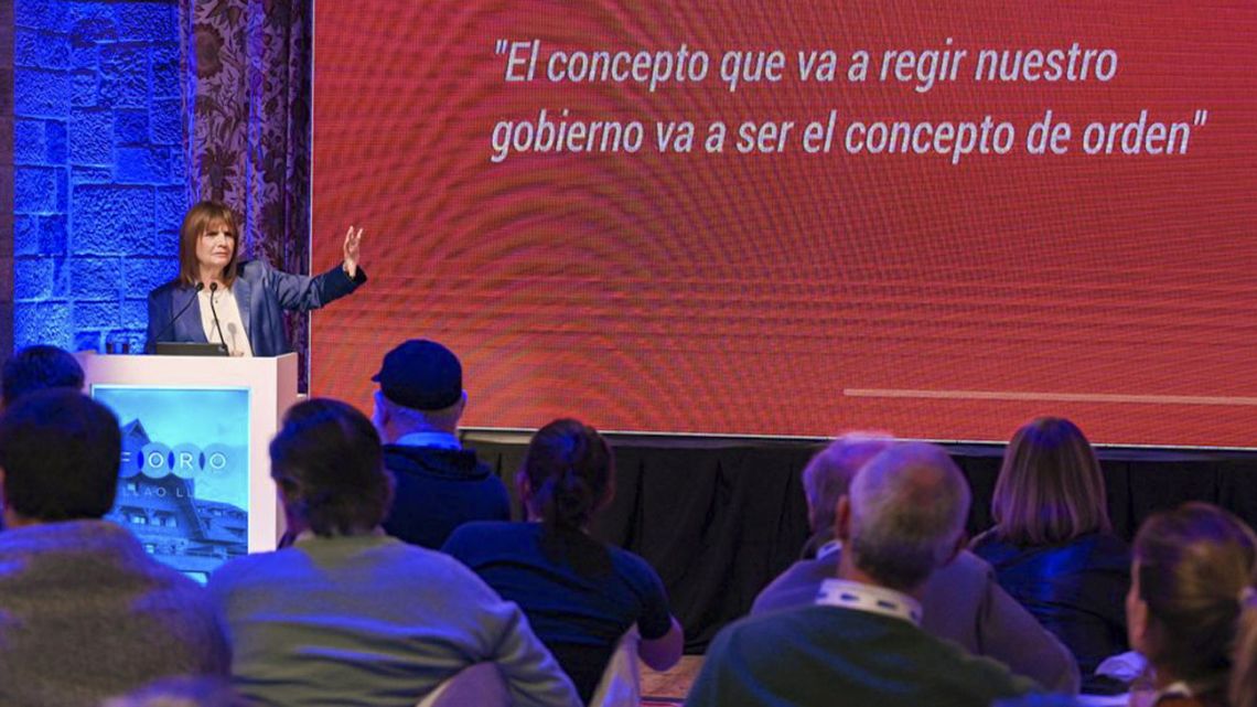 Presidential hopeful Patricia Bullrich addresses business leaders at the Foro Llao Llao in Bariloche in April 2023.