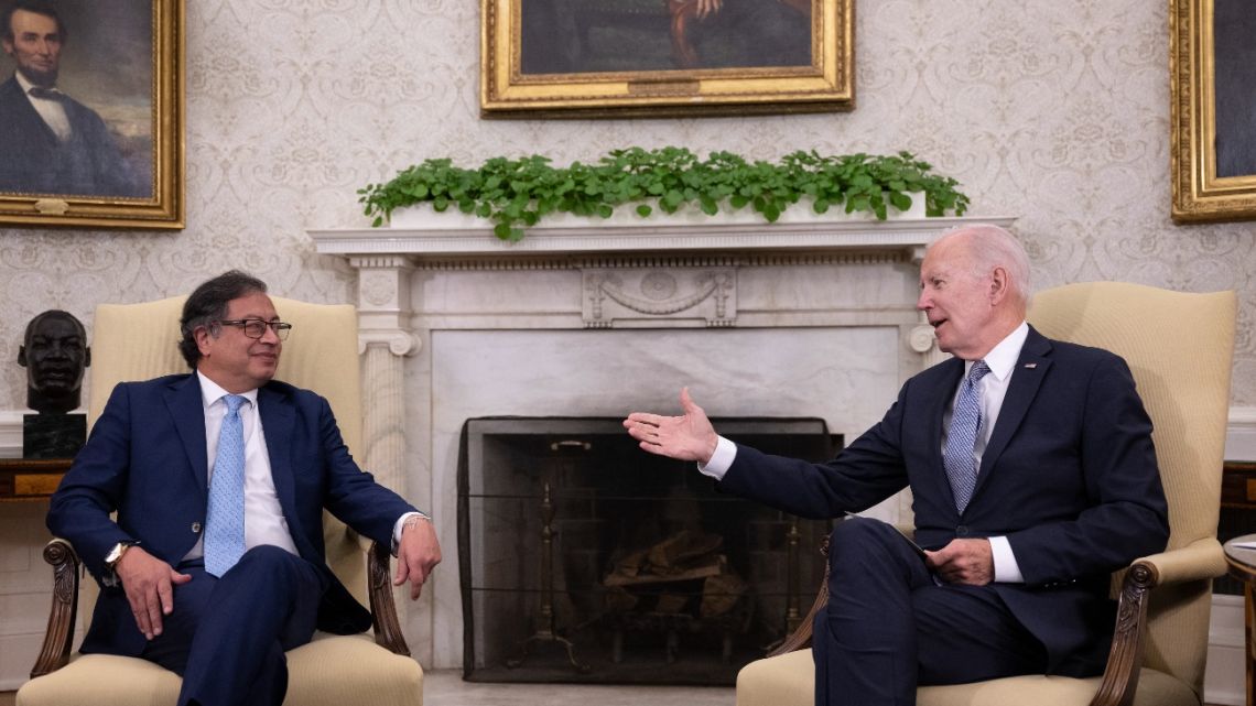 US President Joe Biden (R) meets with Colombian President Gustavo Petro in the Oval Office of the White House in Washington, DC, on April 20, 2023.