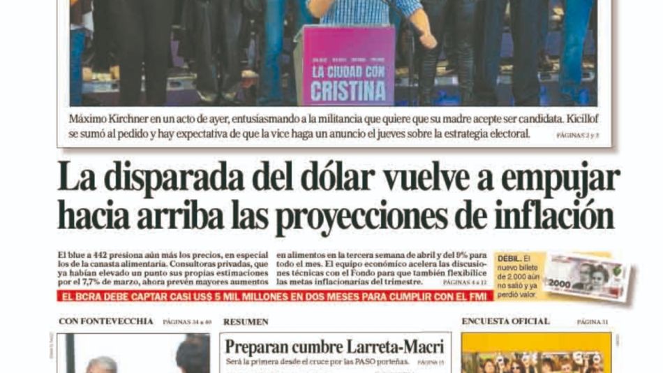 La tapa del Diario PERFIL del domingo 23 de abril de 2023
