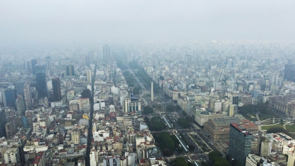 Aerial view of the 9 de Julio avenue during a foggy day in Buenos Aires on April 24, 2023.