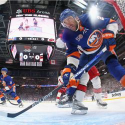 Kyle Palmieri de los New York Islanders patina contra los Carolina Hurricanes durante el cuarto partido de la primera ronda de los Playoffs de la Copa Stanley 2023 en el UBS Arena en Elmont, Nueva York. | Foto:Bruce Bennett/Getty Images/AFP