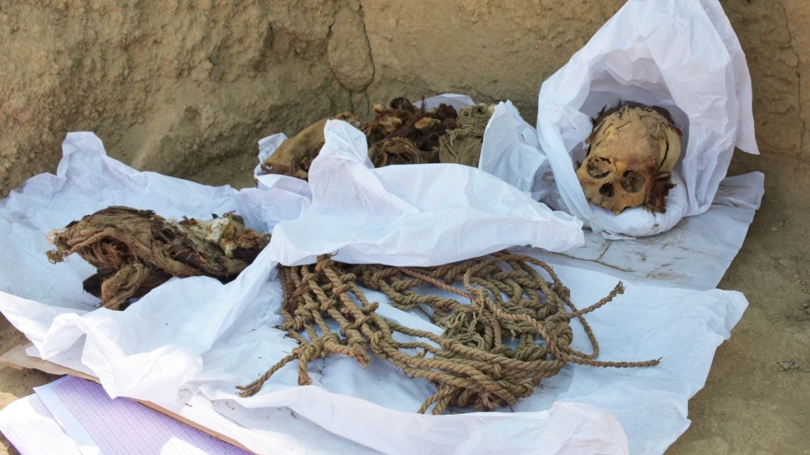 The remains of a pre-Inca individual unearthed at the Cajamarquilla Archaeological Complex in Cajamarquilla, Peru.