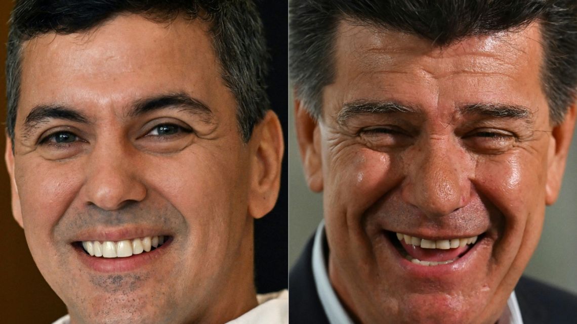 Paraguayan presidential candidate for the Colorado Party, Santiago Peña (L), smiling during an interview with AFP in Asuncion and Paraguayan presidential candidate for the Coalition for a New Paraguay party, Efrain Alegre (R), speaking during an interview with AFP in Asuncion.