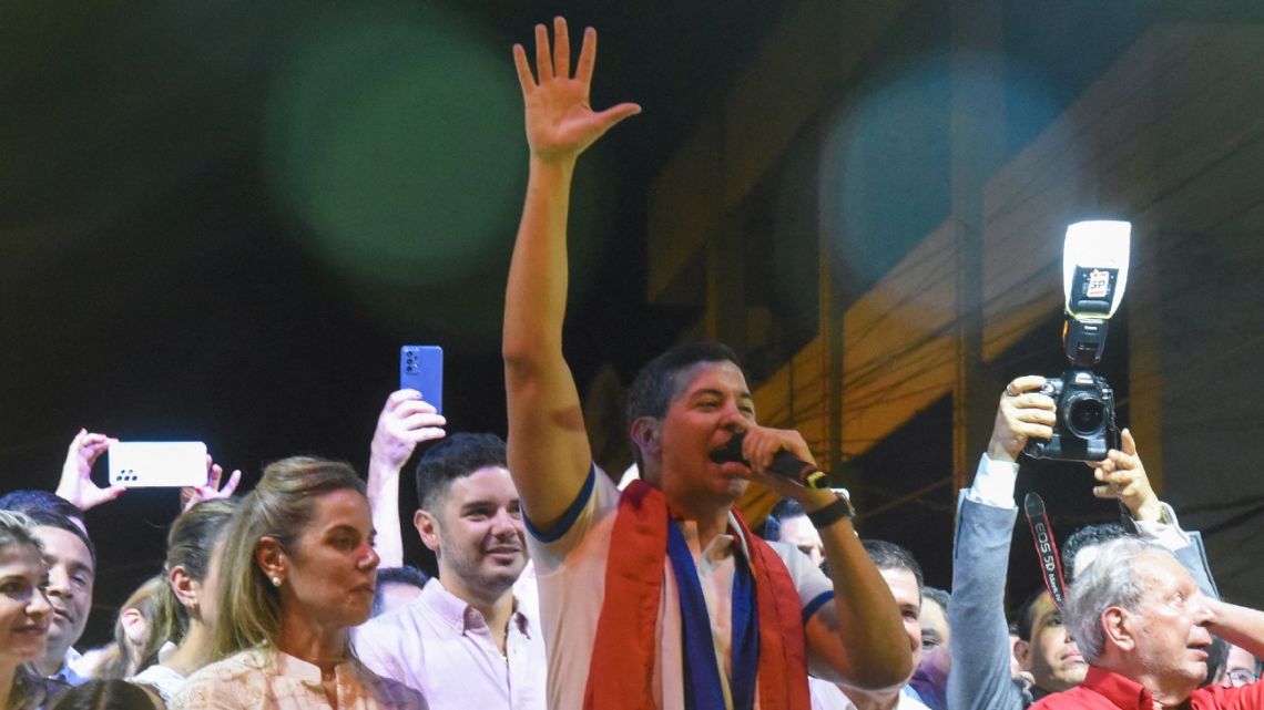 Paraguayan presidential candidate for the Colorado Party, Santiago Peña, speaks to supporters after winning the general election in Asunción on April 30, 2023. 