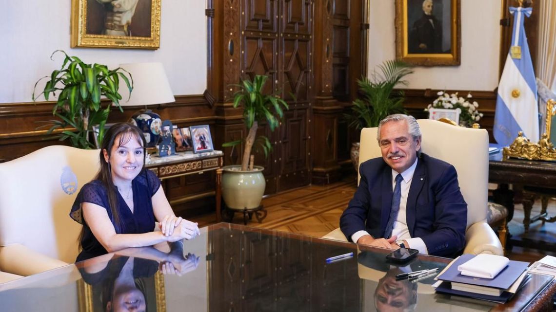 Head of the AFI intelligence services, Ana Clara Alberdi, meets with President Alberto Fernández at the Casa Rosada.
