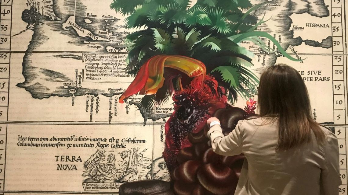 A visitor looks at 'Untitled (Terra Nova), 2020', by Firelei Báez, in the exhibition Chosen Memories: Contemporary Latin American Art from the Patricia Phelps de Cisneros Gift and Beyond, at the Museum of Modern Art in New York City on May 1, 2023.
