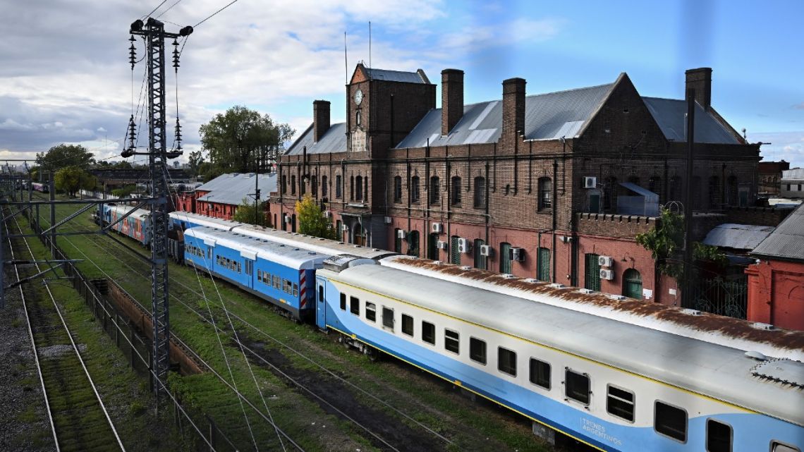 Aerial view of a train taken at the Remedios de Escalada Railway Workshops and Station in Lanús, Buenos Aires Province, on April 19, 2023. 