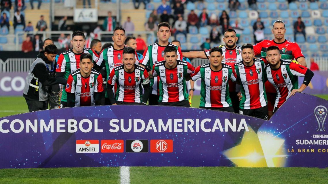 Club Deportivo Palestino's players pose for pictures before the Copa Sudamericana group stage first leg football match between Chile's Palestino and Argentina's San Lorenzo, at the El Teniente stadium in Rancagua, Chile, on May 3, 2023. 