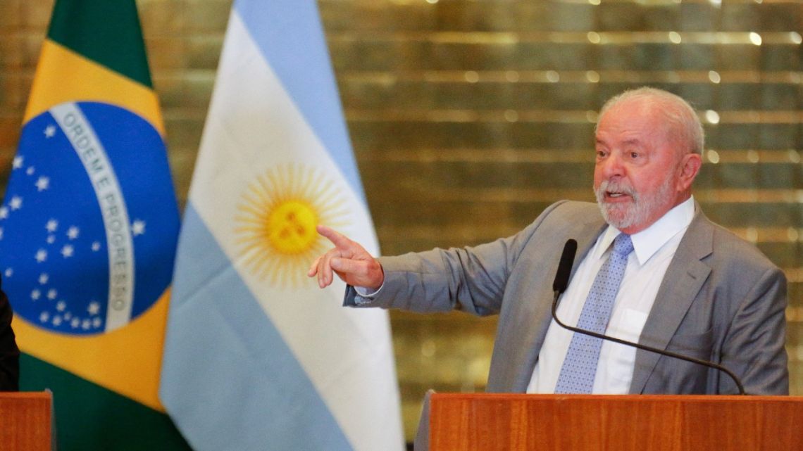 Brazilian President Luiz Inácio Lula da Silva speaks during a meeting with Argentine President Alberto Fernández (not depicted) at the Alvorada Palace in Brasilia on May 2, 2023. 