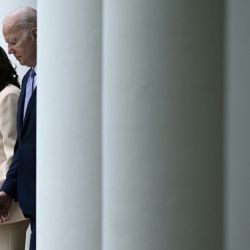 La vicepresidenta de EE.UU. Kamala Harris y el presidente de EE.UU. Joe Biden llegan para pronunciar discursos durante la Semana Nacional de la Pequeña Empresa, en el Jardín de las Rosas de la Casa Blanca en Washington, DC. | Foto:Brendan Smialowski / AFP